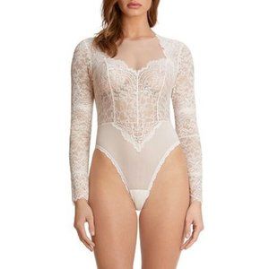 Monique Lhuillier X Hanky Panky Women's Tresor Long Sleeve Lace Bodysuit White S